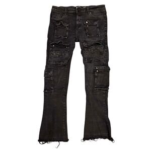 Waimea Mens Stacked Fit Cargo Jeans Black Multi Pocket Distressed 38x36
